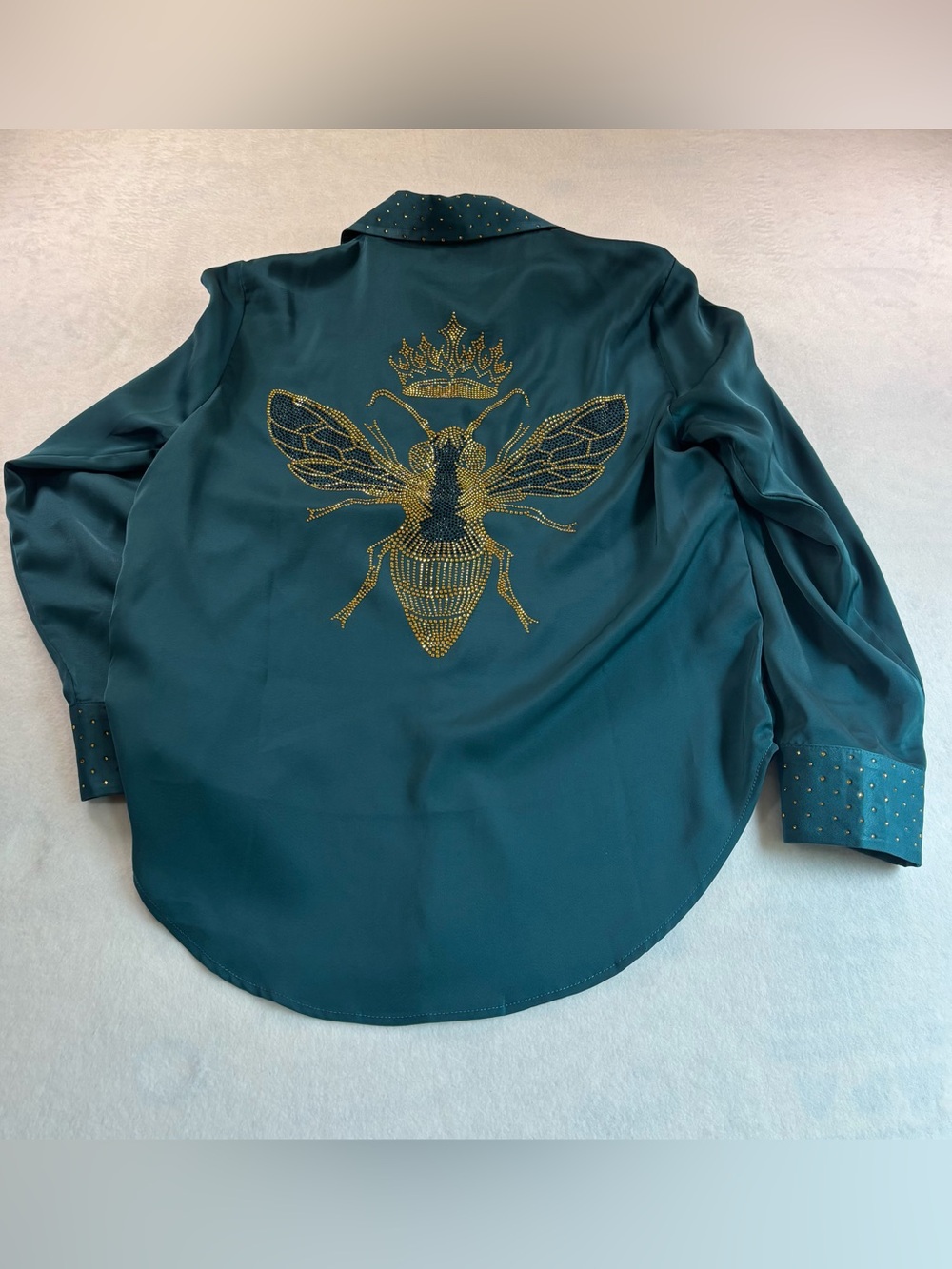 Teal Satin Button-Down Blouse with Studded Collar and Cuffs